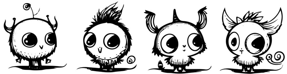 cartoons, vektor, abbildung, halloween, kind, zeichnung, black, character, comic, gesicht, junge, spaß, lächeln, monster, kunst, schädel, leute, tier, komisch, kostüm, rpg, cartoon, cute, eyes, graphi