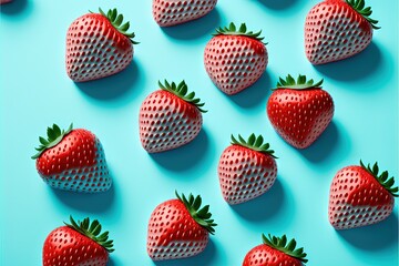  a group of strawberries arranged on a blue surface with a green stem and a single strawberry on the top of the picture, with a few smaller strawberries in the middle.  generative ai