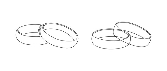 One continuous line drawing of Wedding rings. Romantic elegance concept and icon proposal engagement and love marriage in simple linear style. Editable stroke. Doodle vector illustration