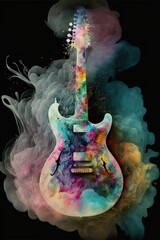  a guitar with colorful smoke and water in the foreground, and a black background with a black background and a black background with a white guitar in the middle.  generative ai