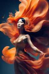 Generative AI abstract multicolored painting of beautiful Asian woman in cloak and elegant orange wavy dress