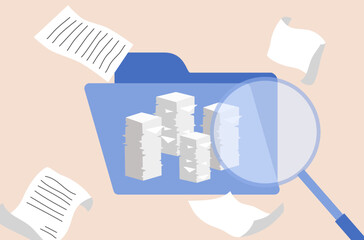 Magnifying glass is searching files in folder with overwhelm work, overwhelming business tasks vector, searching data and searching document in folder vector.