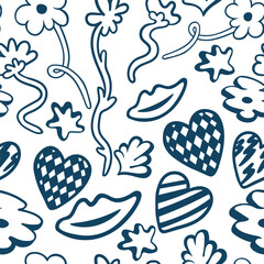 vector seamless pattern with simple doodles. love and relationships. stylish minimalist line pattern. romantic graphic background. Vector hearts, couples, flowers, plants, arrows.
