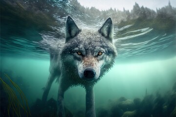  a picture of a wolf swimming in the water with its head above the water's surface, with a forest in the background, and under the water.  generative ai