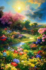 Fototapeta na wymiar Paradise garden full of flowers, beautiful idyllic background with many flowers in eden, 3d illustration with juicy colors and vertical composition. Generative AI.