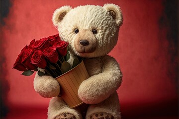  a teddy bear holding a bunch of roses on a red background with a red background behind it and a red background behind it with a red backdrop.  generative ai