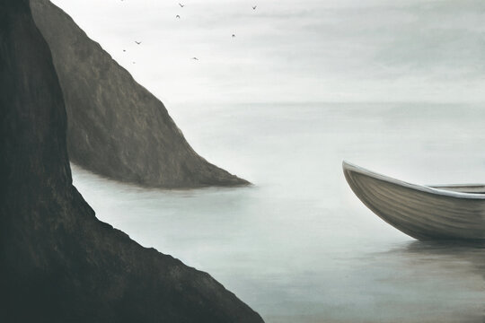 Fototapeta Illustration of wooden canoe landing, optical illusion surreal concept 