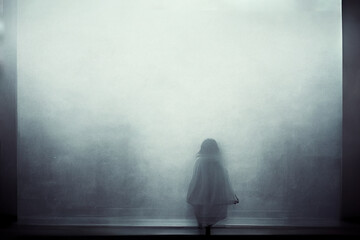 Obraz na płótnie Canvas a woman in a white dress standing in a dark room with a foggy wall behind her and a black and white photo of a woman in a white dress. generative ai