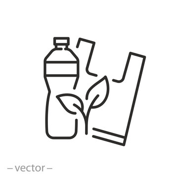 plastic free icon, bio bag with bottle, eco friendly material concept, thin line symbol, vector illustration eps 10
