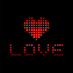 Red gradient pixel heart and word love. Color silhouette. Front view. Editable pixels. Vector simple flat graphic illustration. Isolated object on a black background. Texture. Isolate.