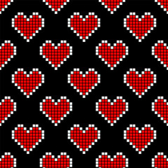 Small red-white pixel hearts isolated on a black background. Cute seamless pattern. Vector simple flat graphic illustration. Texture.