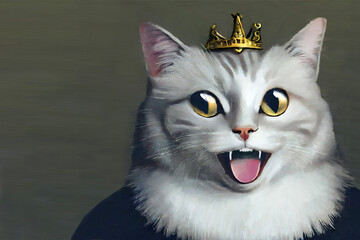 cute cat king in royal suit portrait isolated on solid background in style of an old classic realistic painting - new quality creative funny furry stock image design - obrazy, fototapety, plakaty