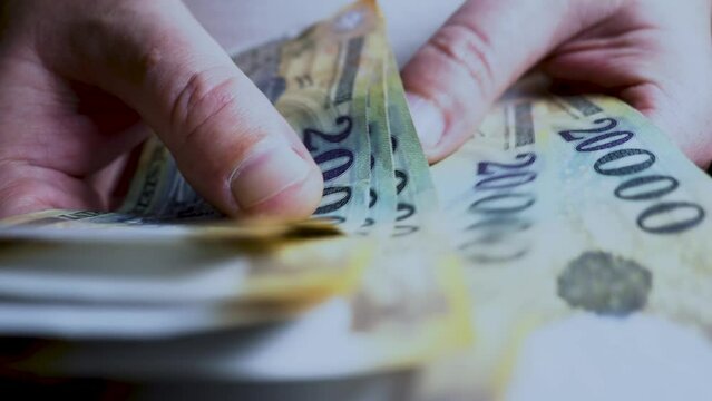Woman's hands count Hungarian forint, Hungarian banknotes