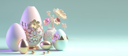 3D Rendering Illustration of Easter Celebration Banner Greeting with Eggs And Flowers