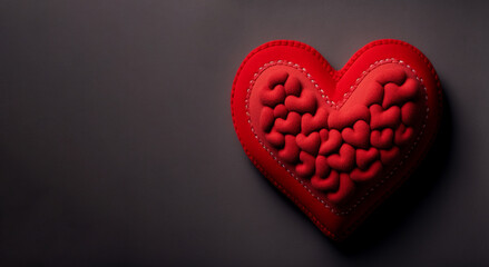 Red heart made out of yarn on black background