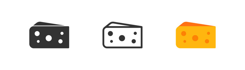 Cheese slice icon on white background. Dairy product symbol. Fresh milky foodstuff sign. Swiss, holland, italian cheese, parmesan, cheddar. Outline, flat, and colored style. Flat design. 