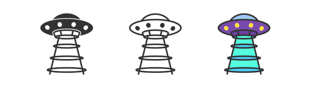 UFO icon on white background. Aduction, invader symbol. Mystery beam, flying alienship. Outline, flat, and colored style. Flat design. Vector illustration.