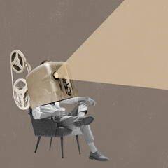 Contemporary art collage. Creative design. Movie time. Retro film player on male body sitting on...