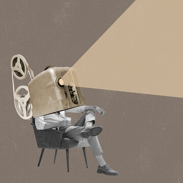 Contemporary art collage. Creative design. Movie time. Retro film player on male body sitting on chair and broadcasting movie. Concept of surrealism, creativity, retro style, imagination