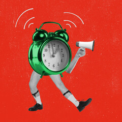 Contemporary art collage. Creative design. Wake Up. Vintage alarm on male legs with megaphone over...