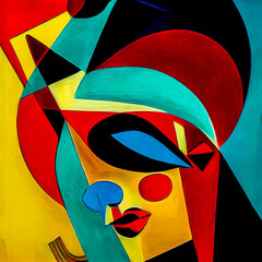 Abstract painting in the style of cubism, female portrait. A young woman in vibrant colors on a square canvas. Generative AI