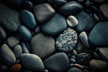 Fototapeta na wymiar A natural pebble texture with a moody, zen-like background, symbolizing peace and relaxation generative ai