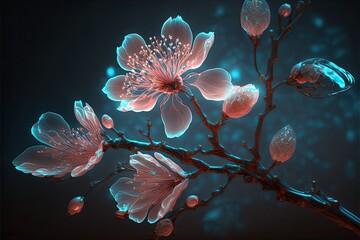 beautiful spectral light pink peach blossom branch , the petals are flashing blue light , background, drop reflection light , reflection, bright , super clear , transparent metal armor, generative ai