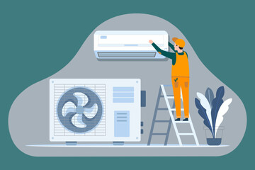 Professional worker of ventilation repair service in blue uniform stand on ladder fix or install air-conditioner on wall in office, house, appertment. Vector illustration. Vector illustration