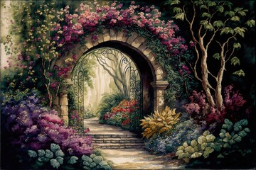 "Enchanted Garden Archway": A detailed watercolor painting of an arched entrance leading into a lush garden filled with vibrant flowers and winding paths generative ai