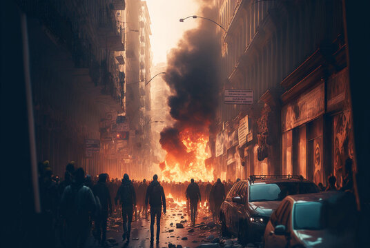 a fire burns in a big city surrounded by hooded males, men as aggressors or looters or violent rioters, fictional persons and place. Generative AI