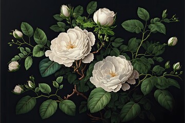 A close-up illustration of a branch of blooming white roses surrounded by green leaves generative ai