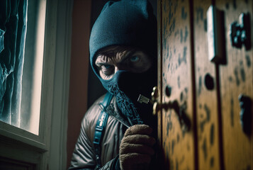 a burglar breaks in, the hooded man wears a balaclava as a mask and cannot be identified, quiet entry through a broken door - obrazy, fototapety, plakaty