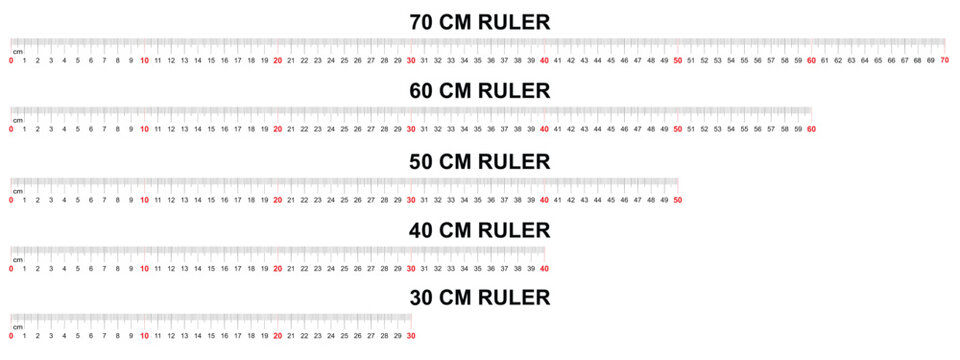 Vector ruler scale with numbers set. Horizontal measuring chart with 70, 60, 50, 40, 30 centimeters markup. Distance, height or length measurement math or sewing tool. Practical and print-ready.