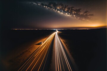 Fototapeta na wymiar Long exposure car lights with milky way