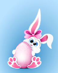 Cute Easter rabbit girl with bow holding pink colored egg decorated with ornament 