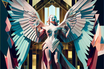 Beautiful abstract surreal geometric Archangel. Heavenly angelic spirit with wings concept, contemporary colors and mood social background.