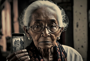 an old indonesian or asian woman with an older model smart phone shows the display with neutral face expression, front view
