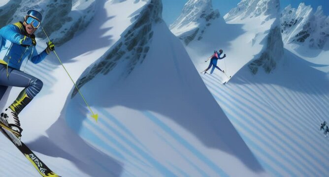 skier skiing extreme sport on snowy mountain outdoors partying at apre-ski lodge animation generative ai