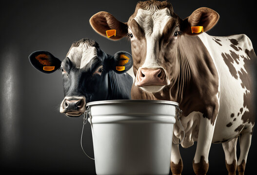 Two Dairy Cows, Cows By Milk Bucket