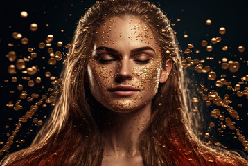 fictional scene of young woman enjoying, a gold rain of abstract liquid or coins or similar, young woman enjoying a rain of gold coins
