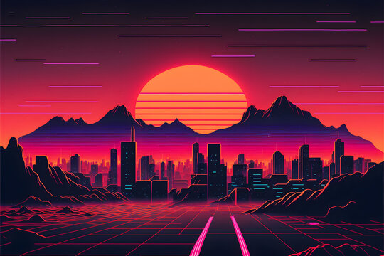 city skyline at sunset, synthwave background, 2d Illustration generativ ai