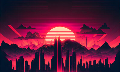 Obraz premium city skyline at sunset, synthwave background, 2d Illustration generativ ai