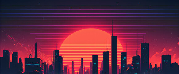 city skyline at sunset, synthwave background, 2d Illustration generativ ai