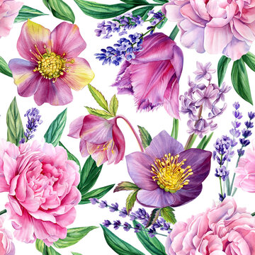 Beautiful seamless pattern with watercolor flowers peonies, tulips, lavender, flora wallpaper