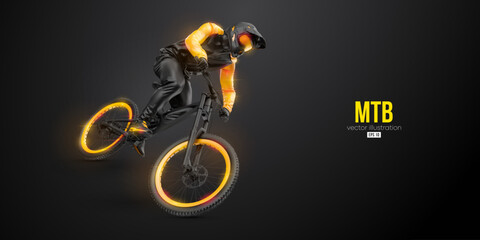 Abstarct silhouette of a mtb rider, man is doing a trick, isolated on black background. Mountain cycling sport transport. Vector illustration