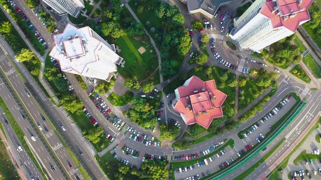 Drone view of o residential buildings called The Stars in Katowice, Poland, 4k