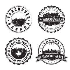 Vancouver British Columbia Stamp Skyline Postmark. Silhouette Postal Passport. City Round Vector Icon Set. Vintage Postage