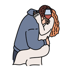 Couple in love. Man and woman with glass of wine in romantic relationships kissing, hugging and cuddling. Romantic time together. Love. Valentine day. Hand drawn style. Vector illustration
