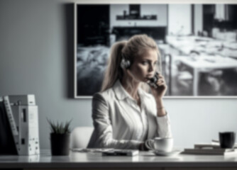 blurry background of a young blonde woman on the phone, talking on a headset at a desk