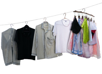 washed shirts and towels with coat hangers hanging to dry on clothesline, isolated, transparent png © Pink Badger